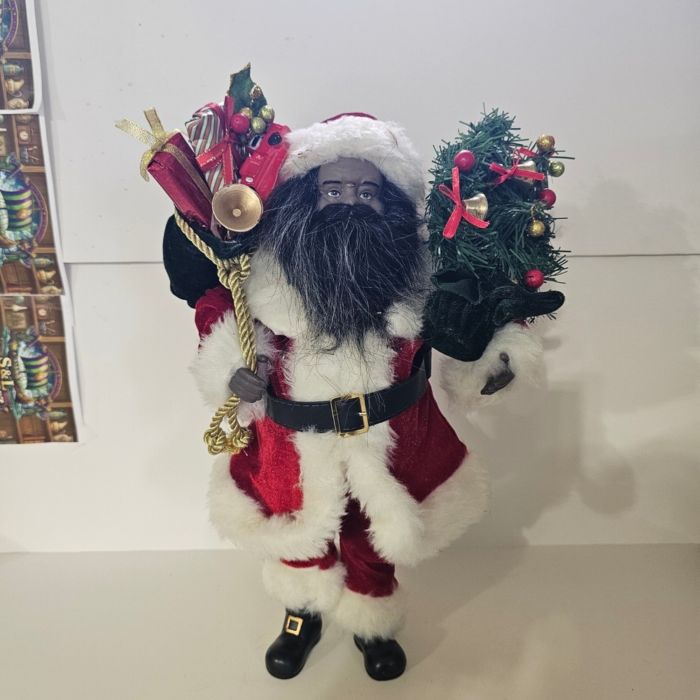 Black Santa Claus Figurine Red Velvet Suit Gifts and Tree Holiday Decor 12 Inch